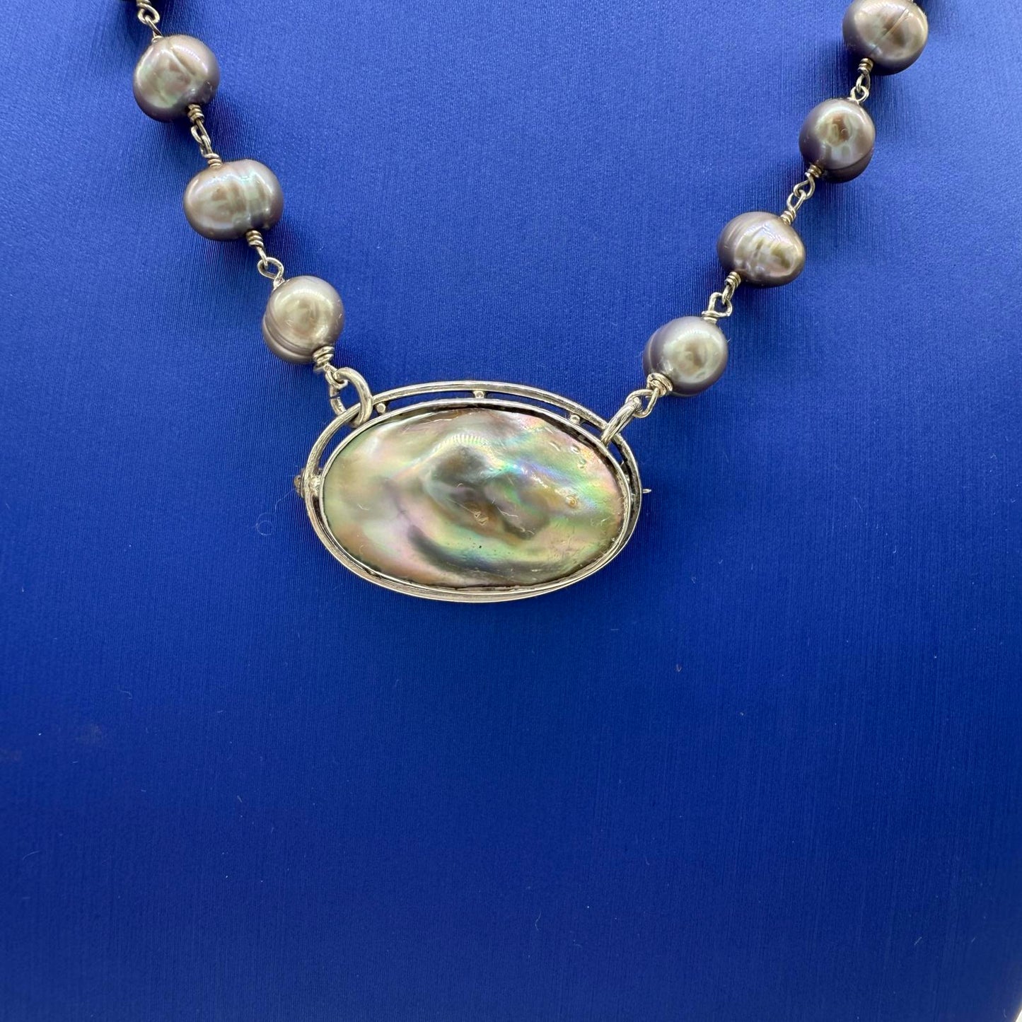 Pearl Necklace Vintage Abalone Shell Pendant – Handmade Sterling Silver Jewelry