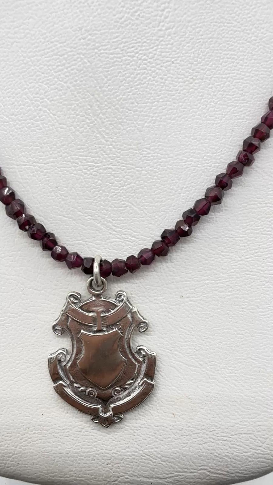 Handmade Garnet Necklace with Vintage Sterling Silver Shield Pendant.
