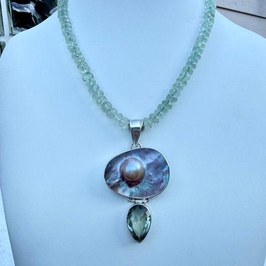 Vintage Green Amethyst & Mabé Pearl Pendant Necklace. Sterling Silver Setting.