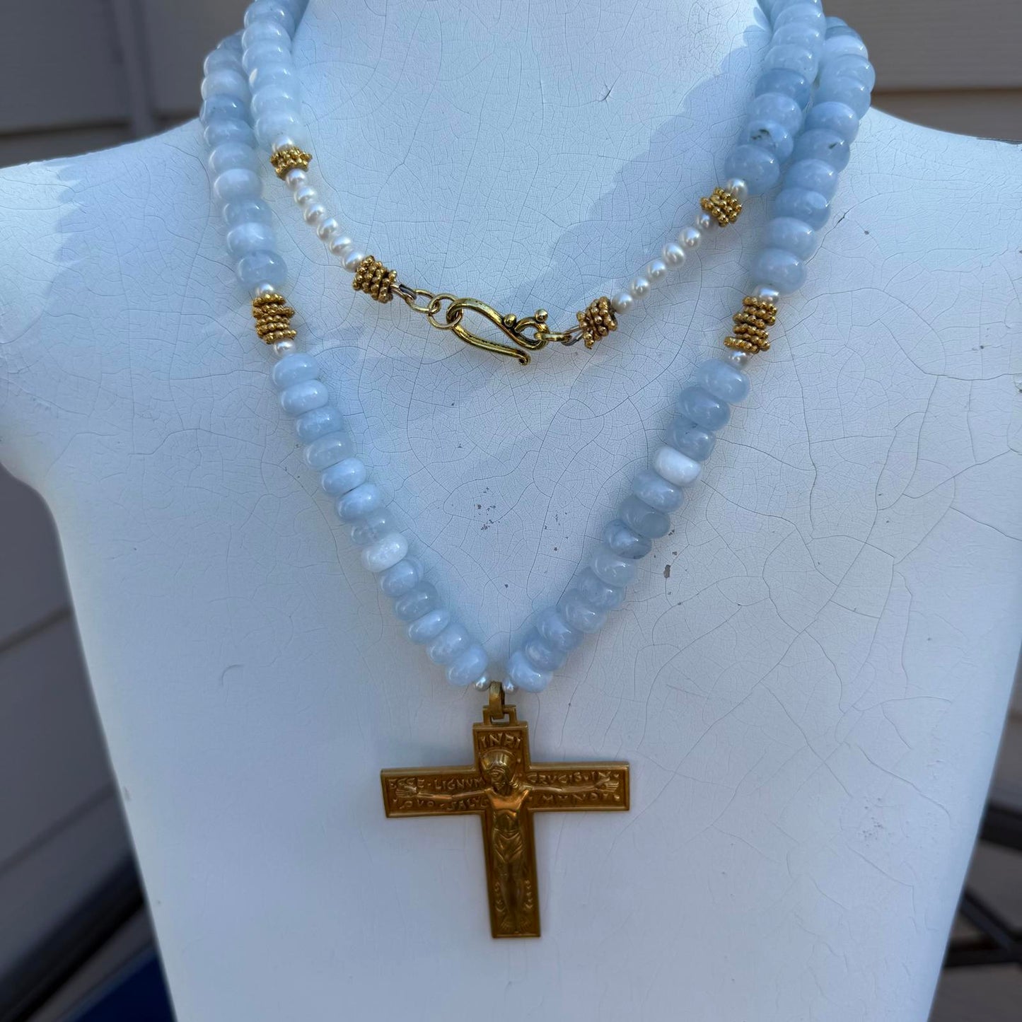 Art Deco French Gilded Crucifix. Aquamarine Jade Freshwater Pearl Necklace.