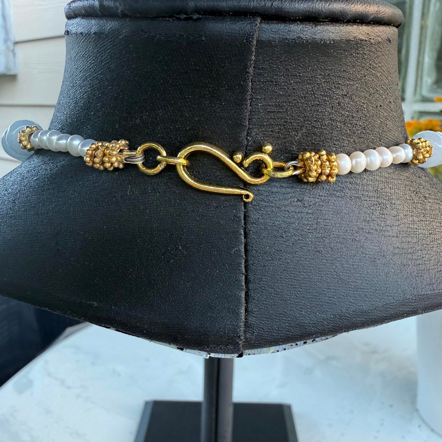 Art Deco French Gilded Crucifix. Aquamarine Freshwater Pearl Necklace.