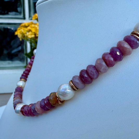 Ruby Necklace. Fresh Water Pearl Necklace. Gold Fill Lobster Clasp.