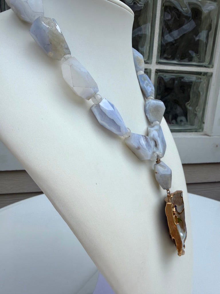 Blue Lace Agate Nugget Necklace. Shell Pendant Necklace Nucleated Pearl.