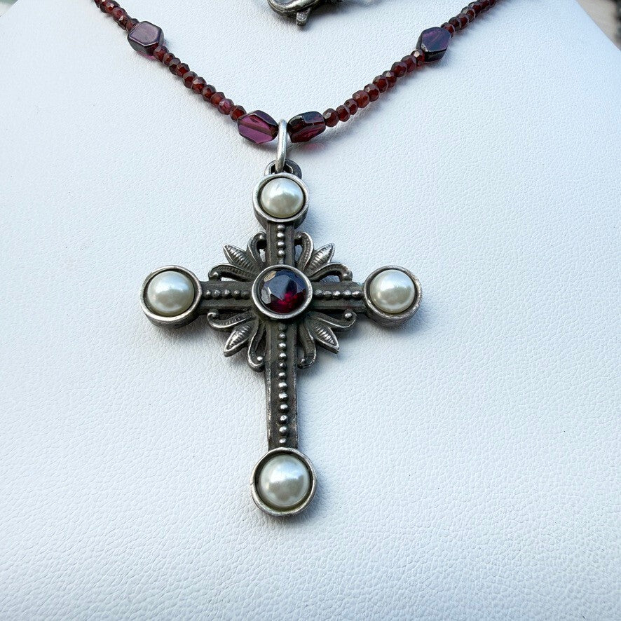 Vintage Austro-Hungarian Sterling Silver Garnet Cross Necklace.