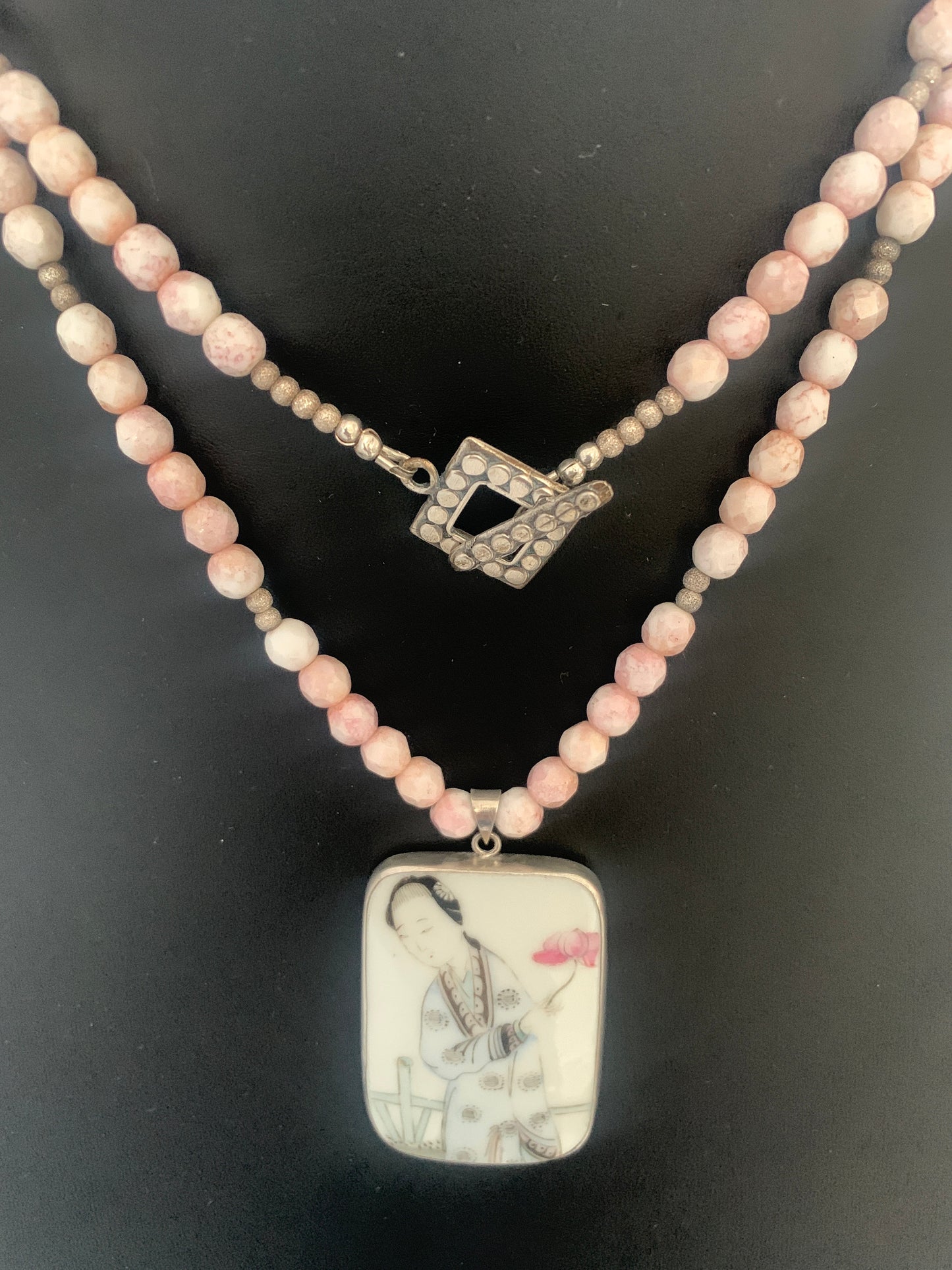 Vintage Chinese Shard Hand Painted Pendant Of Lady. Sterling Silver. Pink Czechoslovakian Glass Beads 34 inches Long. OOAK.