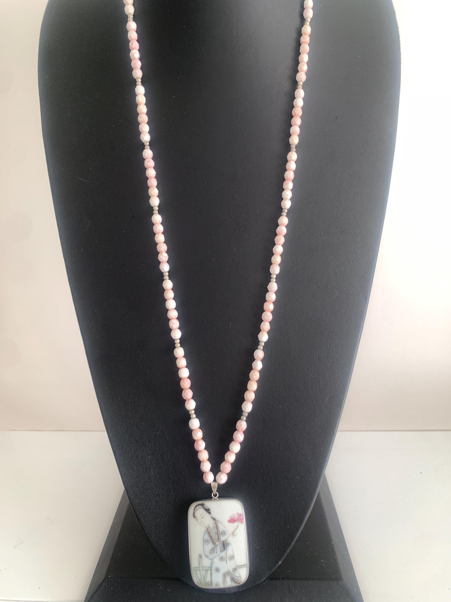 Vintage Chinese Shard Hand Painted Pendant Of Lady. Sterling Silver. Pink Czechoslovakian Glass Beads 34 inches Long. OOAK.