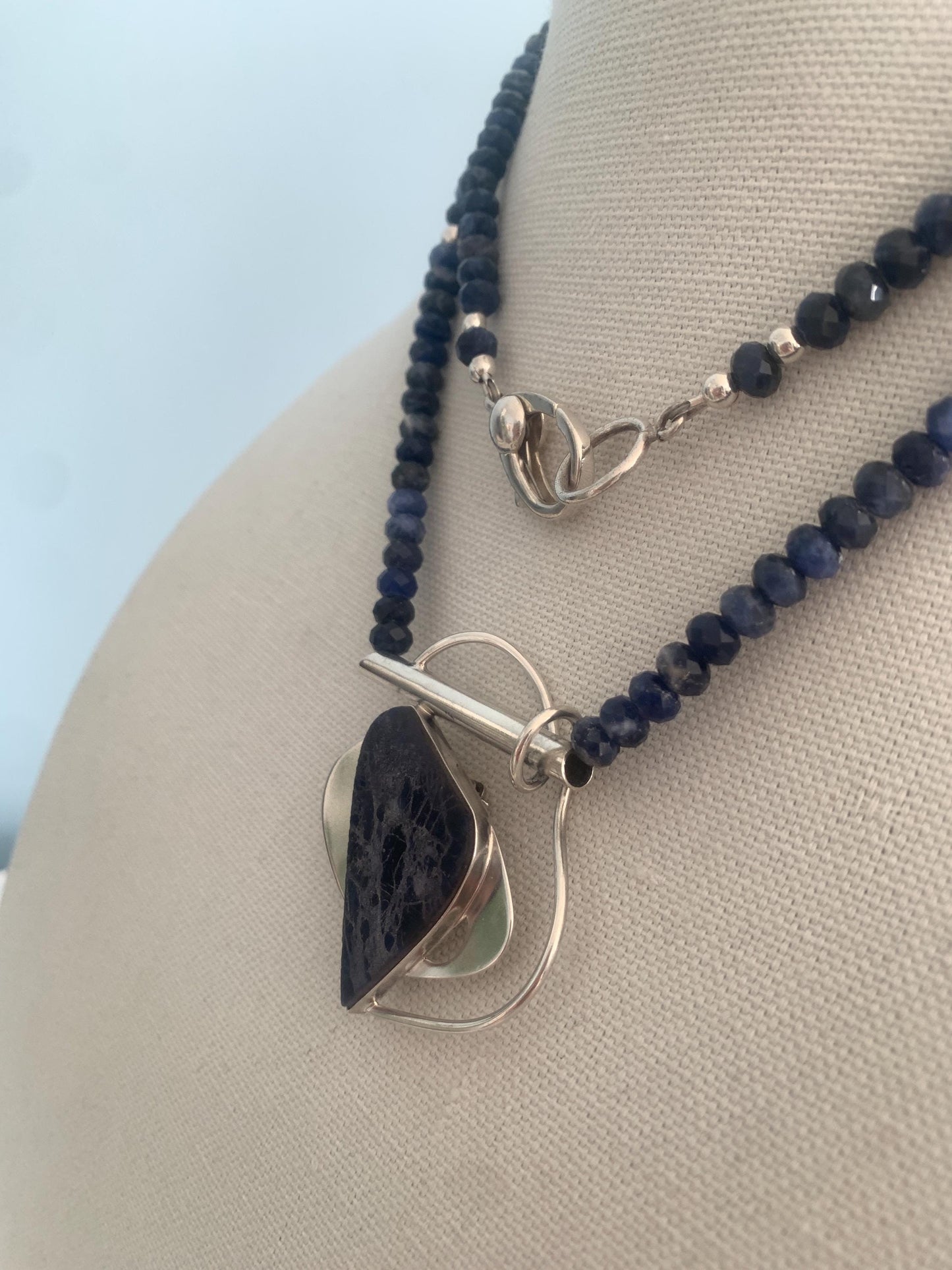 Contemporary. Sodalite. Cabochon. Sterling Silver Pendant. Faceted Blue Sodalite Beads. Long Necklace. Can be Doubled. Modern.OOAK