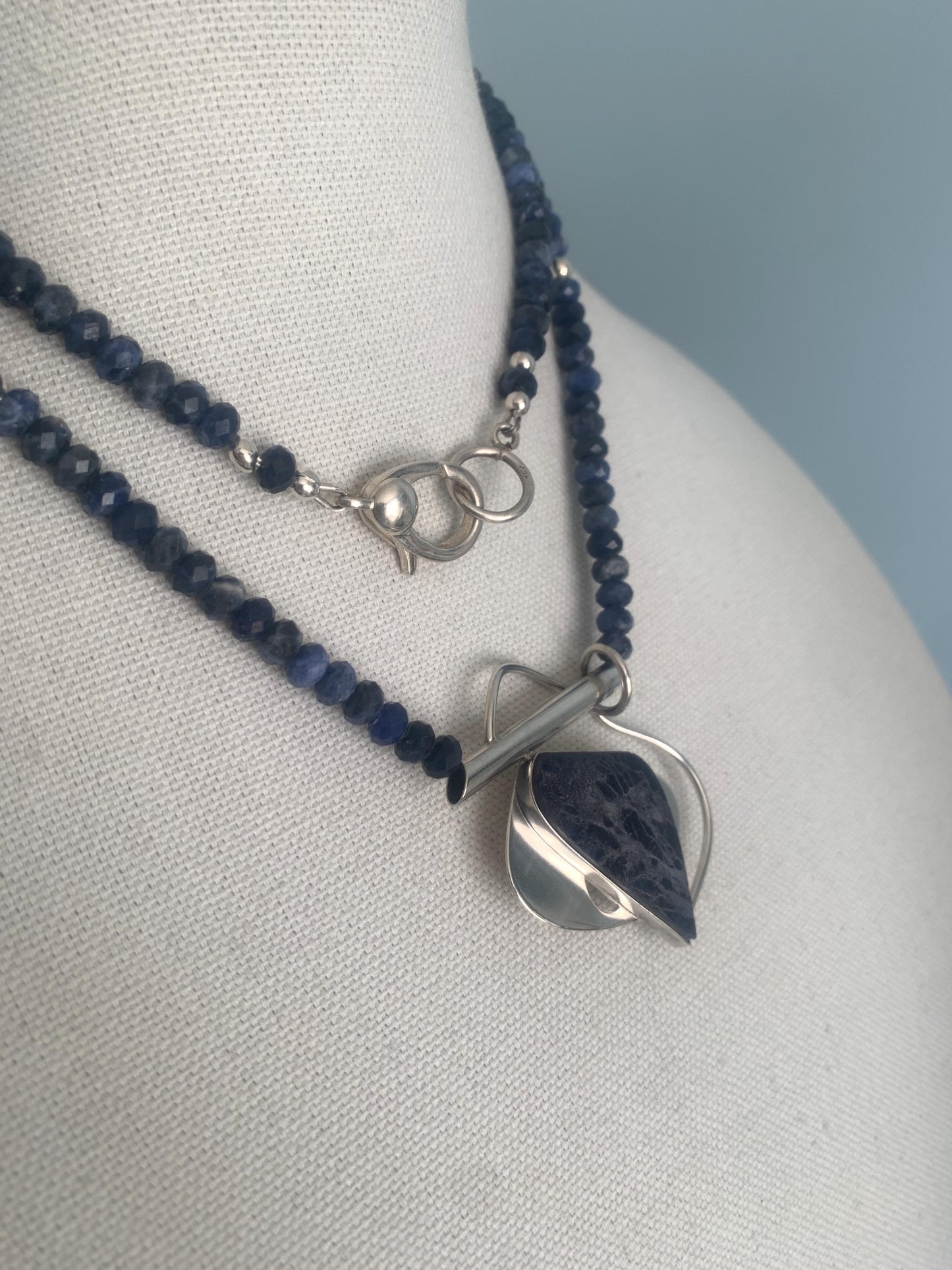 Contemporary. Sodalite. Cabochon. Sterling Silver Pendant. Faceted Blue Sodalite Beads. Long Necklace. Can be Doubled. Modern.OOAK