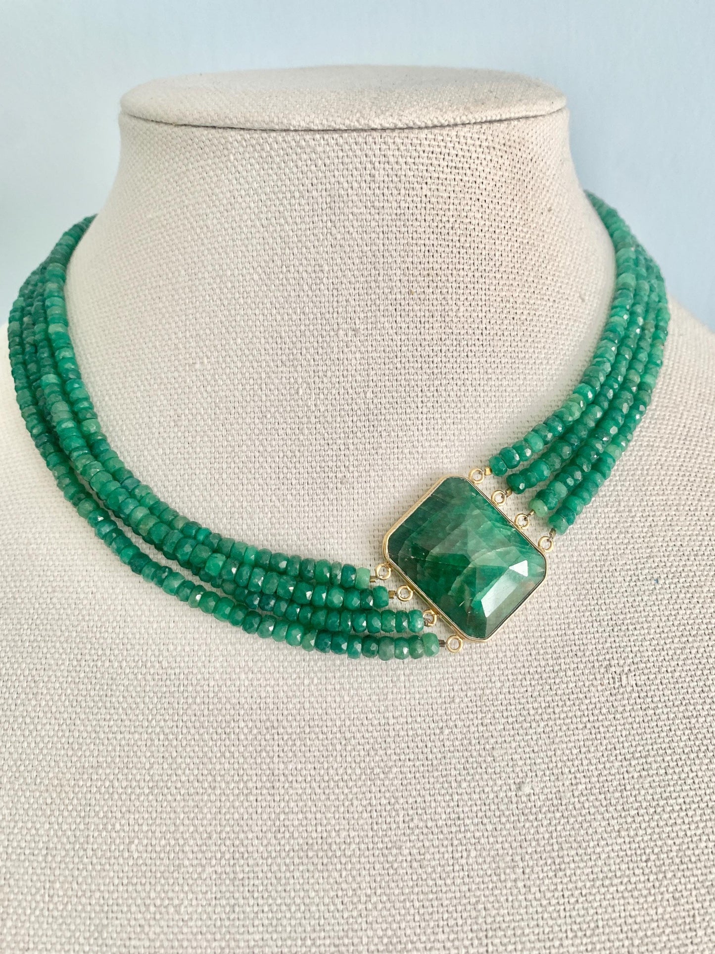 Vintage. Emerald Green Agate Cabochon. Set in Sterling Silver With A Gold Finish. Four strands of green agate.