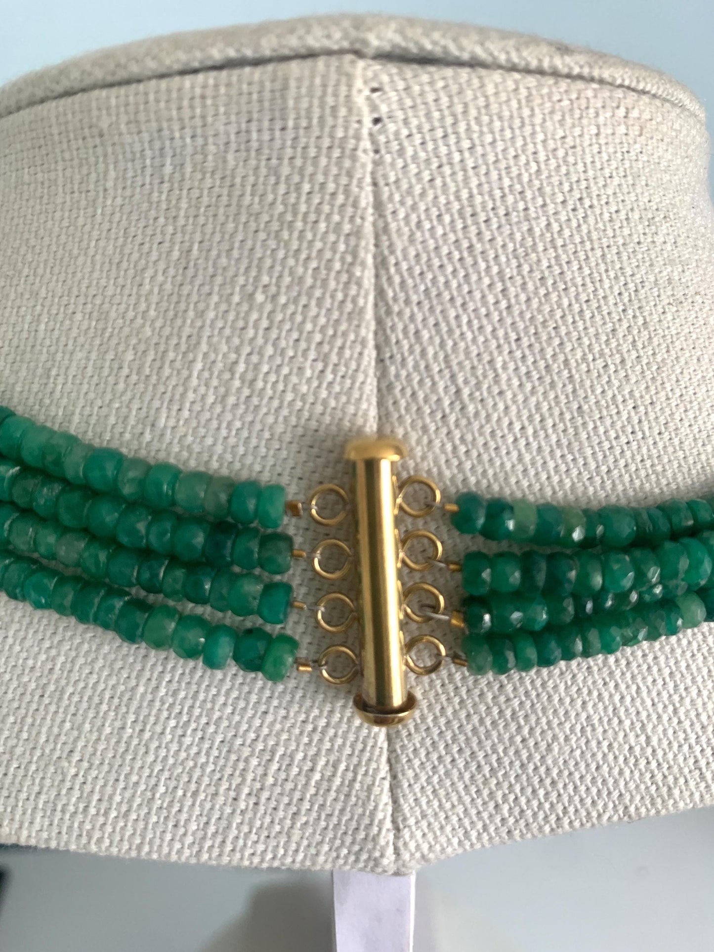 Vintage. Emerald Green Agate Cabochon. Set in Sterling Silver With A Gold Finish. Four strands of green agate.