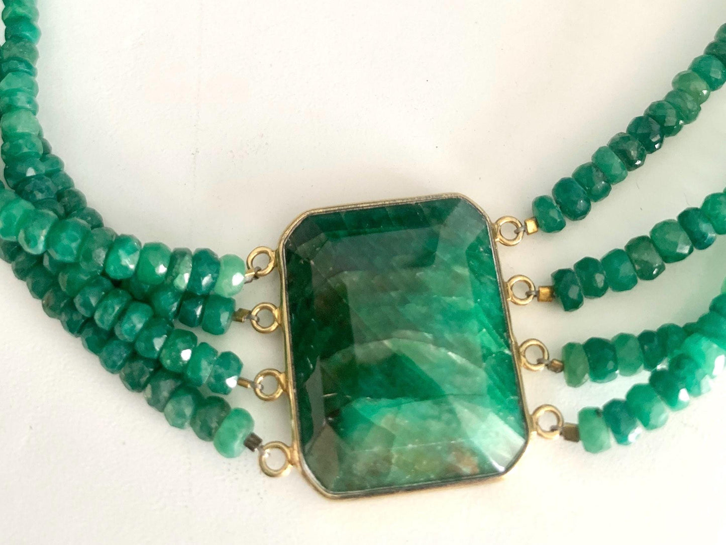 Vintage. Emerald Green Agate Cabochon. Set in Sterling Silver With A Gold Finish. Four strands of green agate.