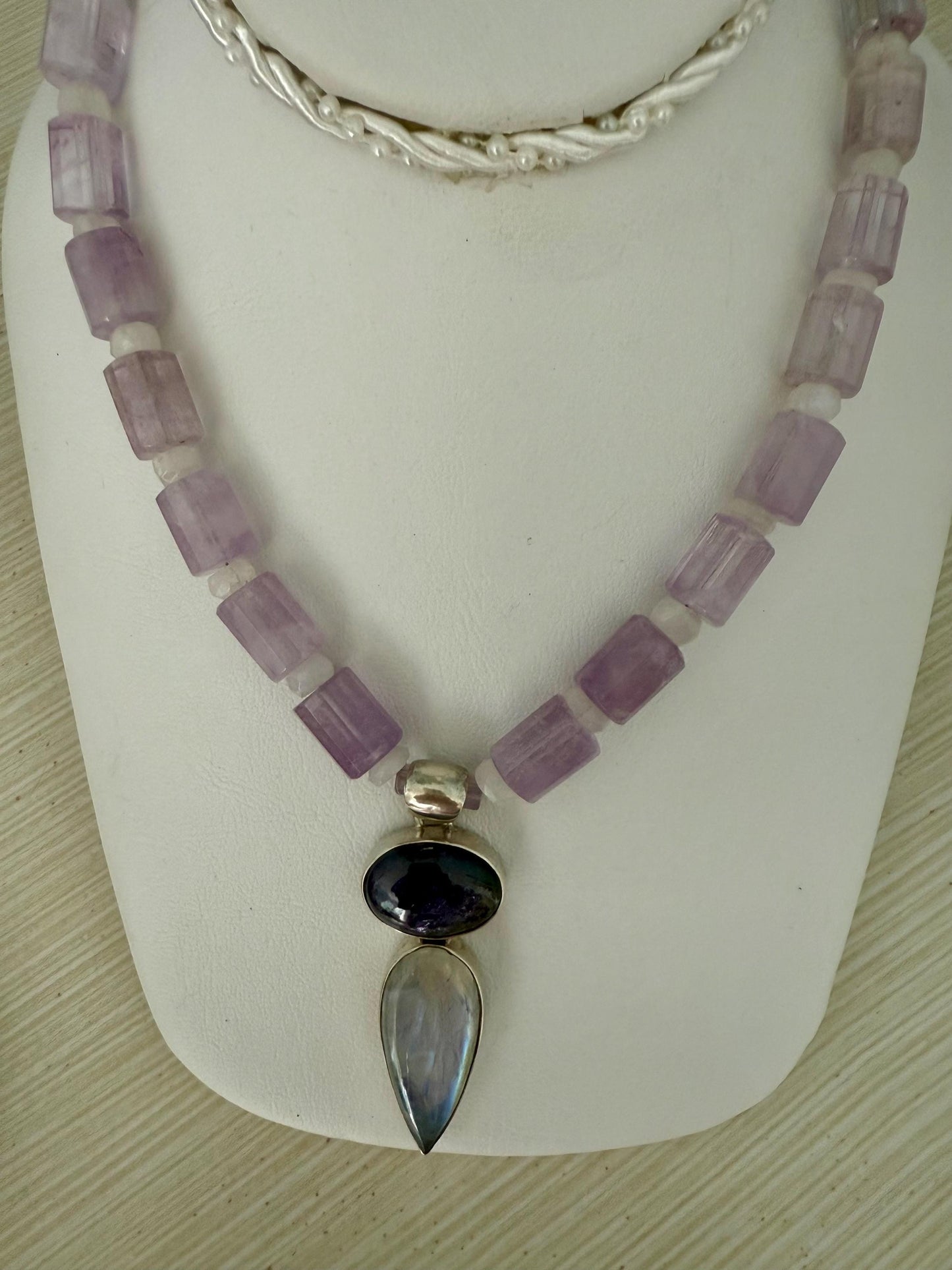 Amethyst Rainbow Moonstone Sterling Silver Pendant Necklace.