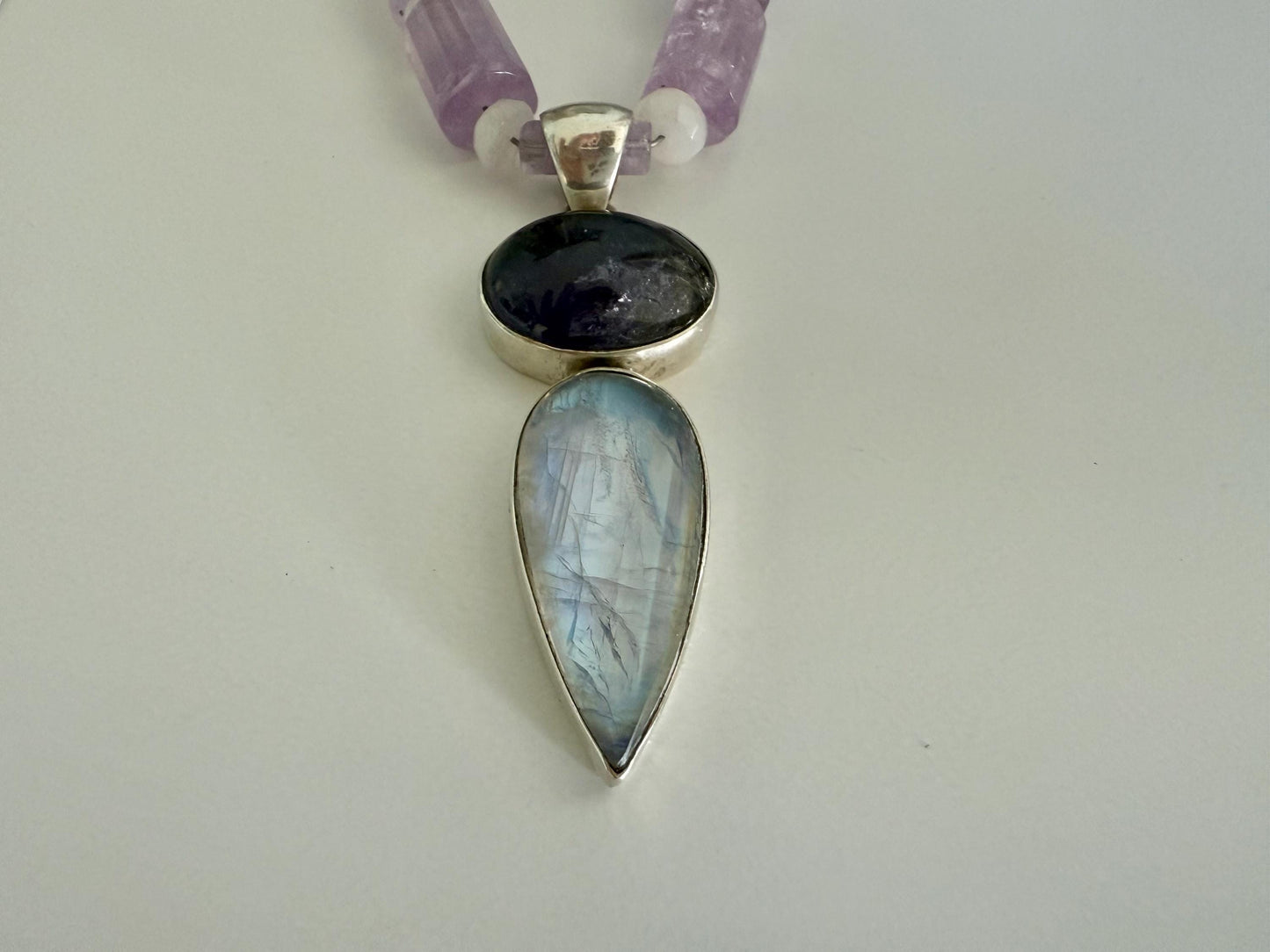 Amethyst Rainbow Moonstone Sterling Silver Pendant Necklace.