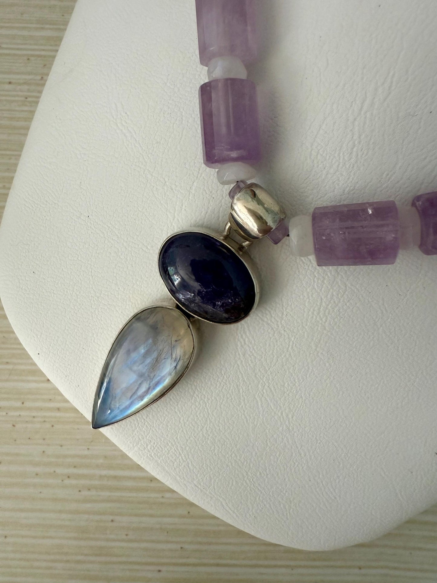 Amethyst Rainbow Moonstone Sterling Silver Pendant Necklace.