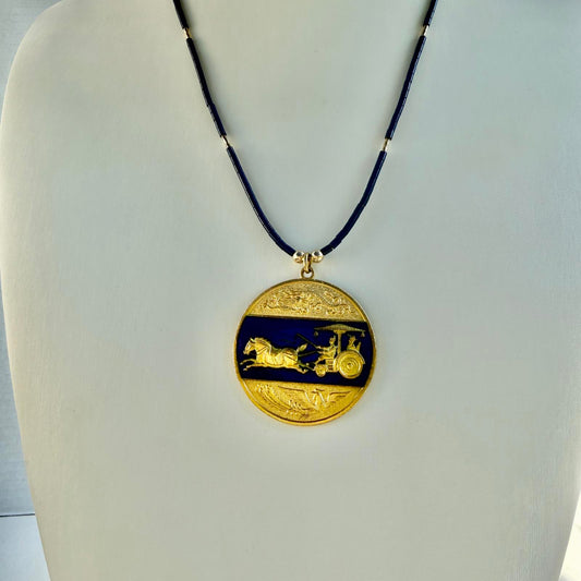 Vintage Chinese Blue Cloisonne Medallion Pendant  Blue Necklace.