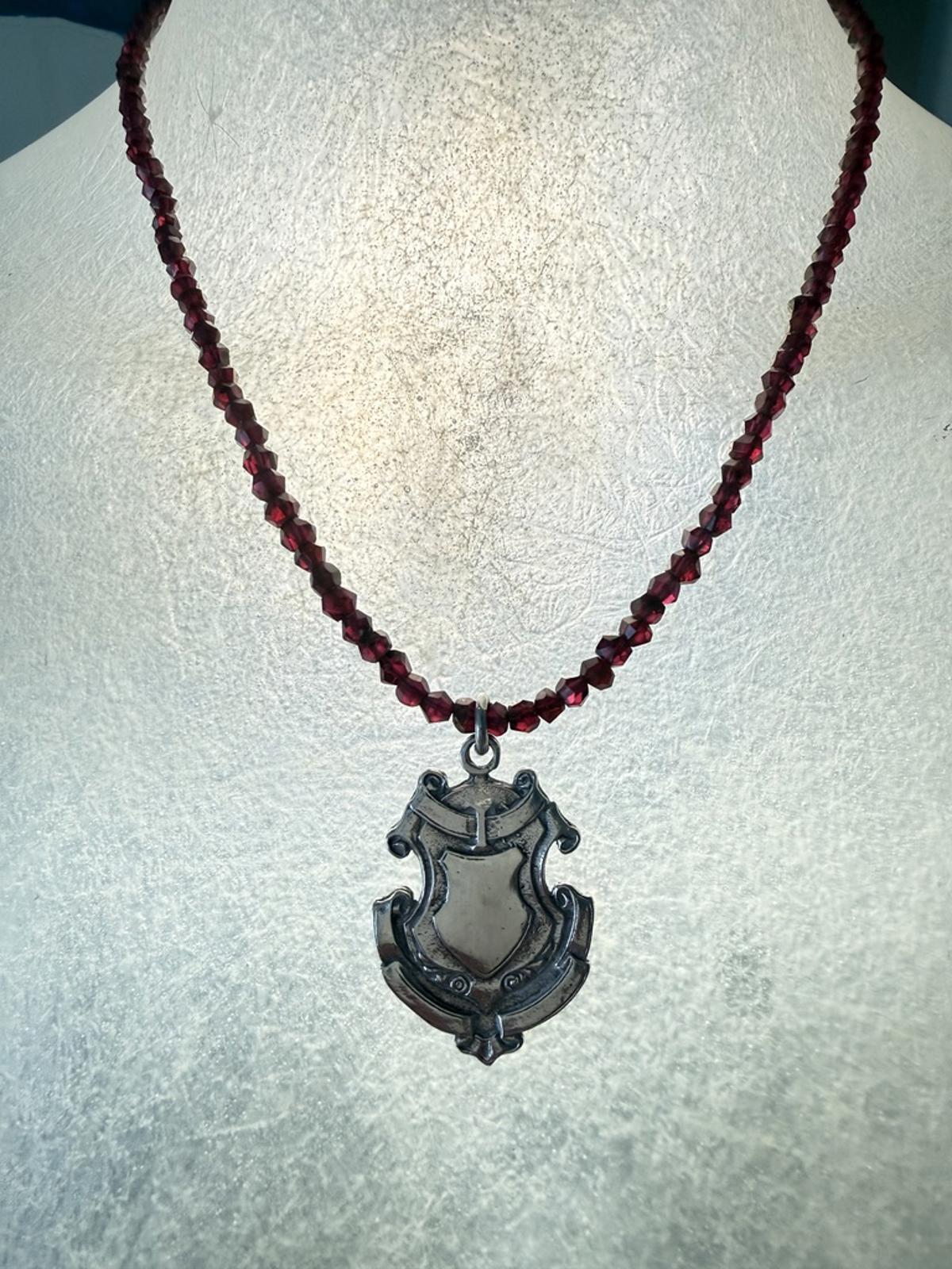 Handmade Garnet Necklace with Vintage Sterling Silver Shield Pendant.