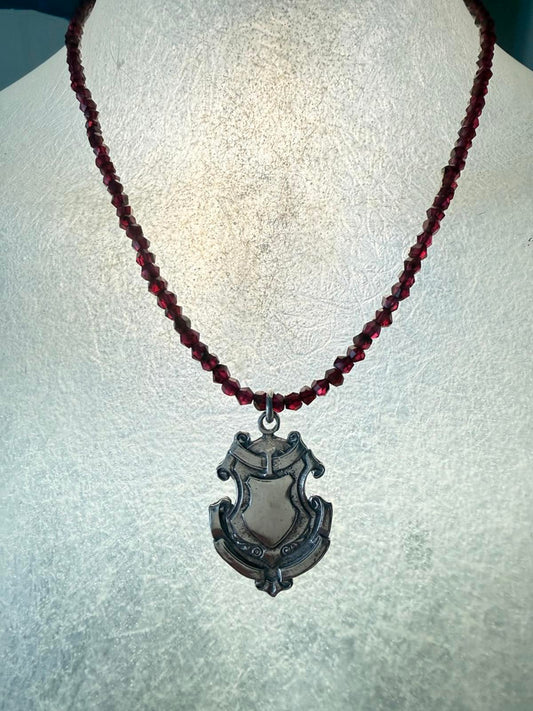 Handmade Garnet Necklace with Vintage Sterling Silver Shield Pendant.