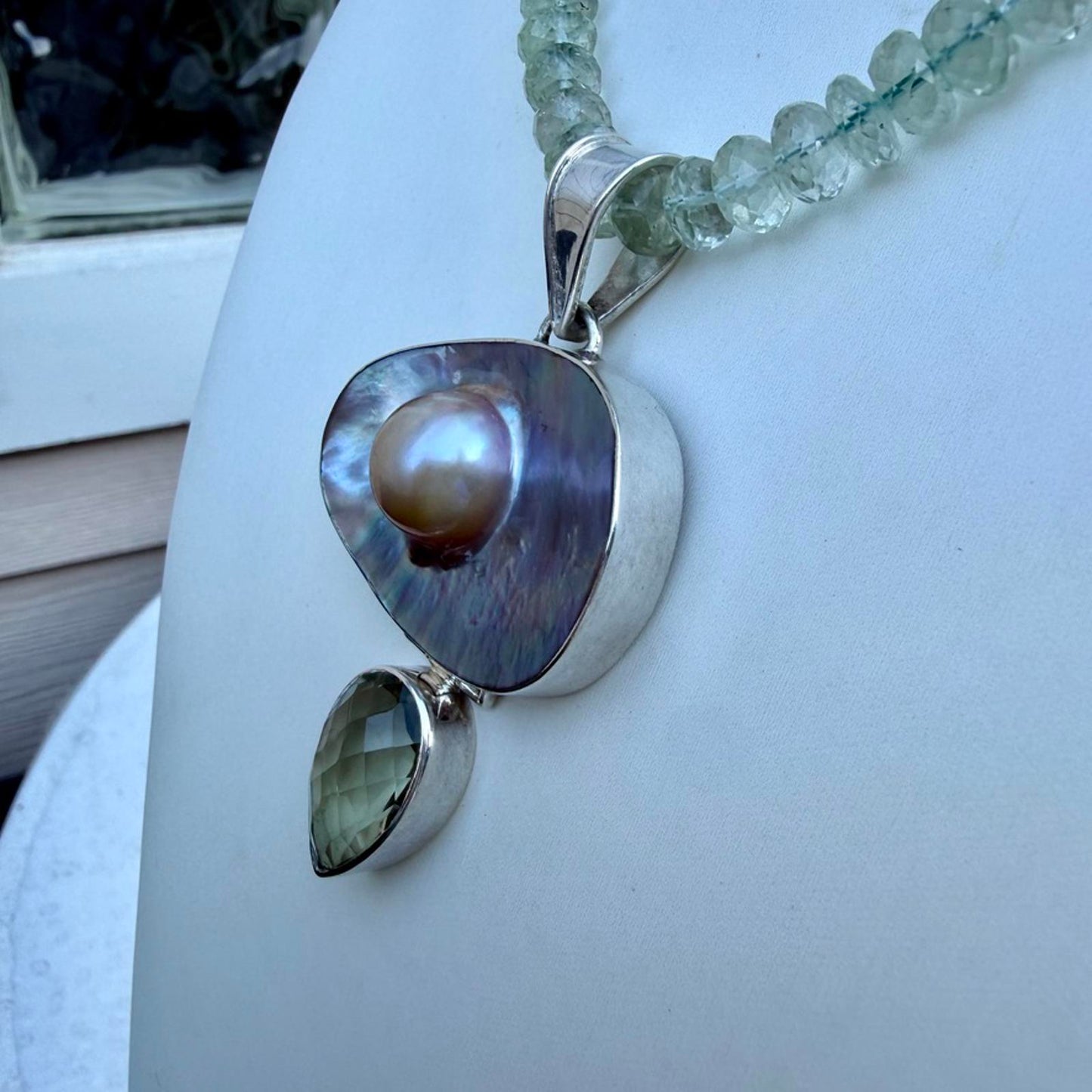 Vintage Green Amethyst & Mabé Pearl Pendant Necklace. Sterling Silver Setting.