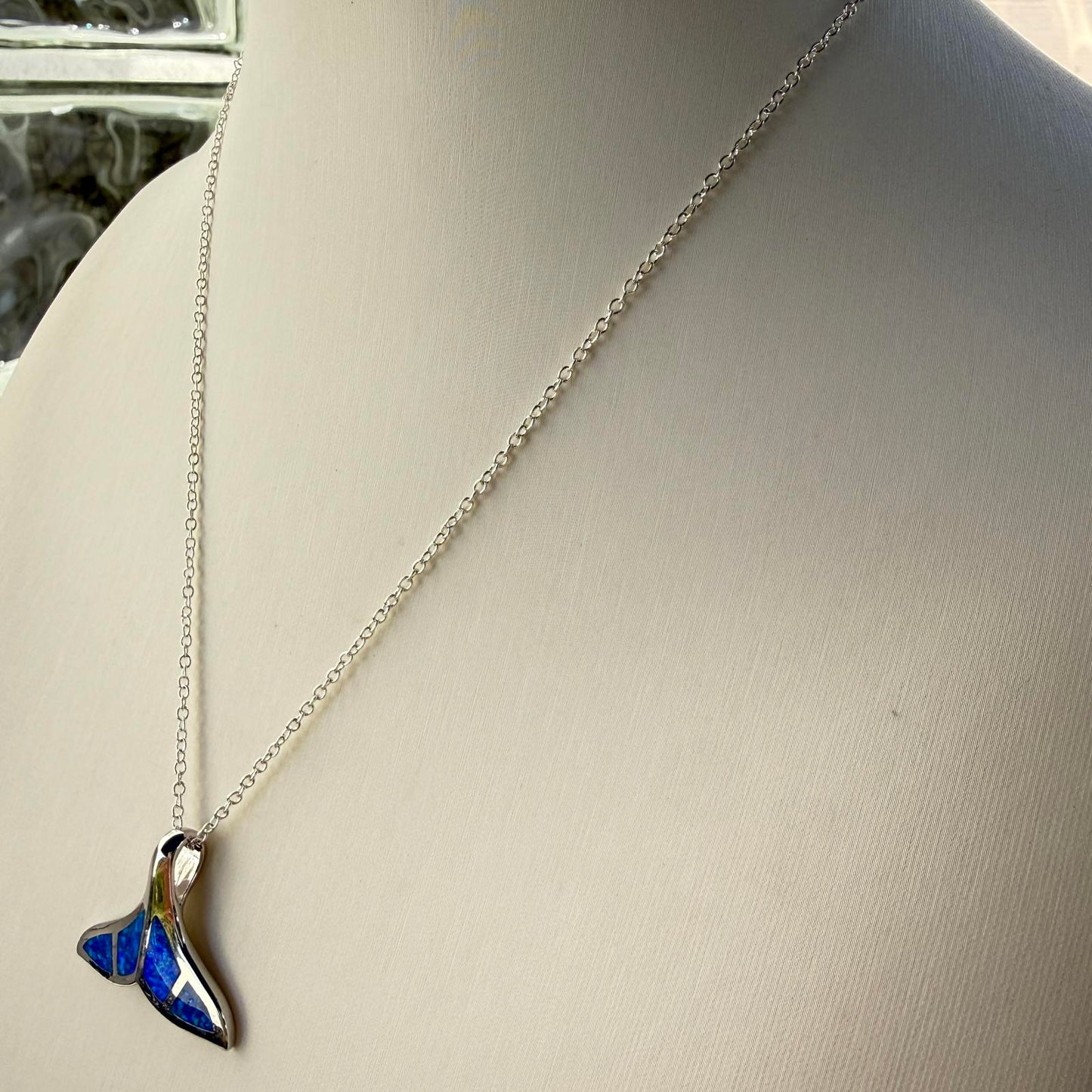 Whale Tail Opal Inlay Pendant in Sterling Silver with Pavé Halo