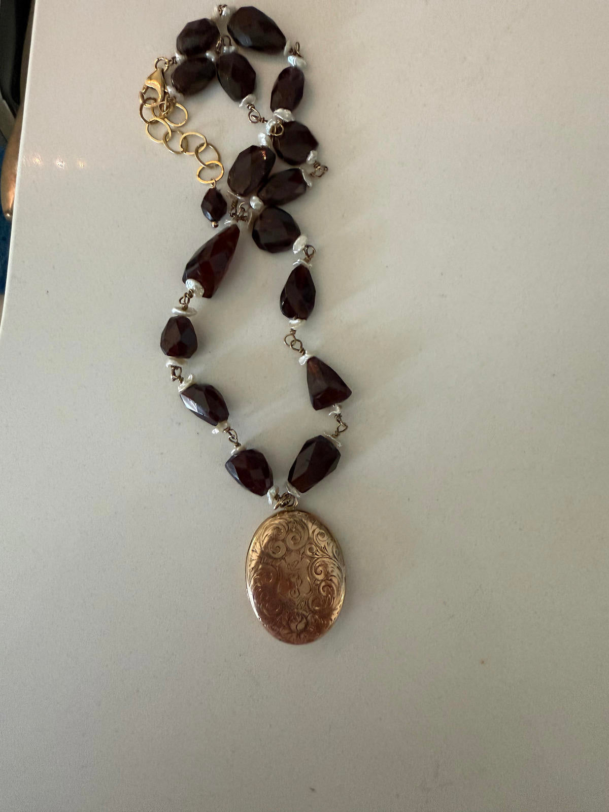Vintage Locket. Garnet Nuggets Freshwater Pearl Necklace.