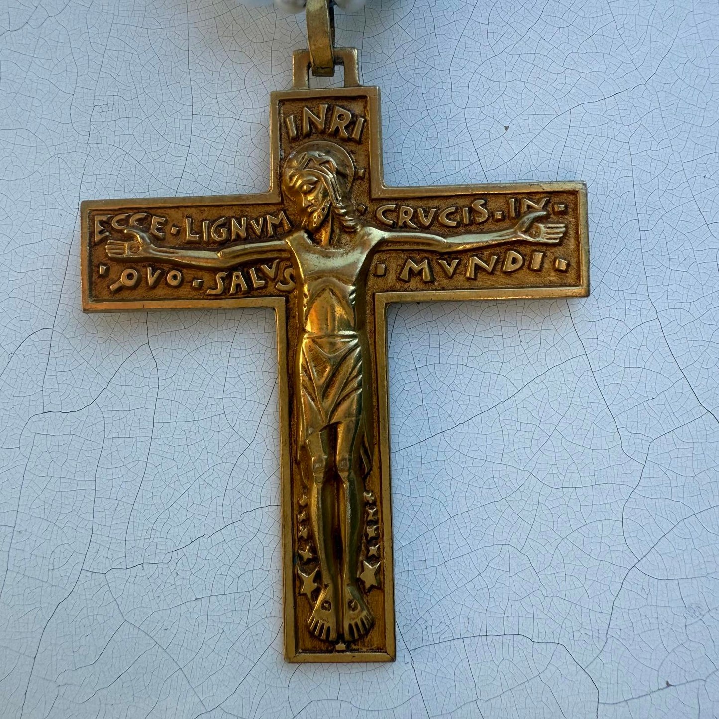 Art Deco French Gilded Crucifix. Aquamarine Freshwater Pearl Necklace.