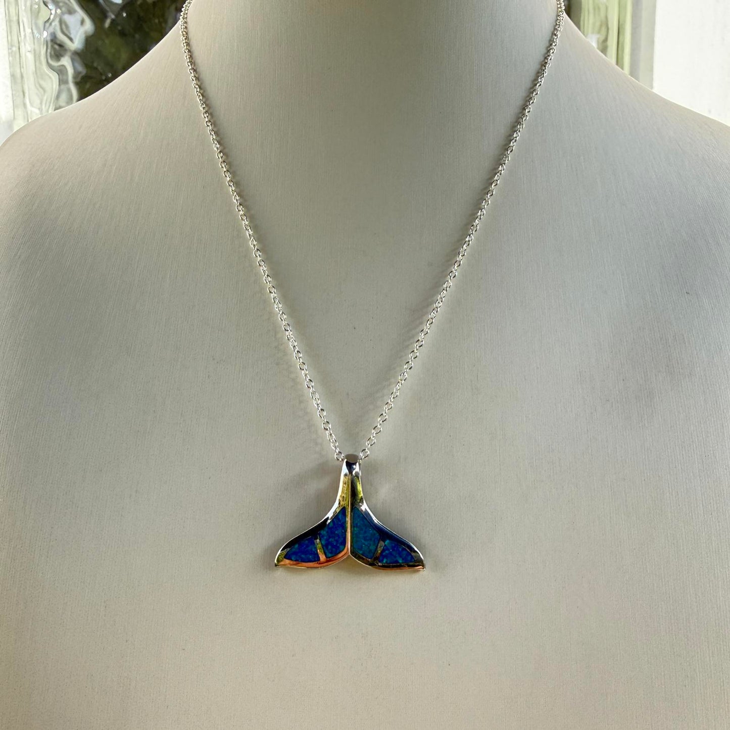 Whale Tail Opal Inlay Pendant in Sterling Silver with Pavé Halo