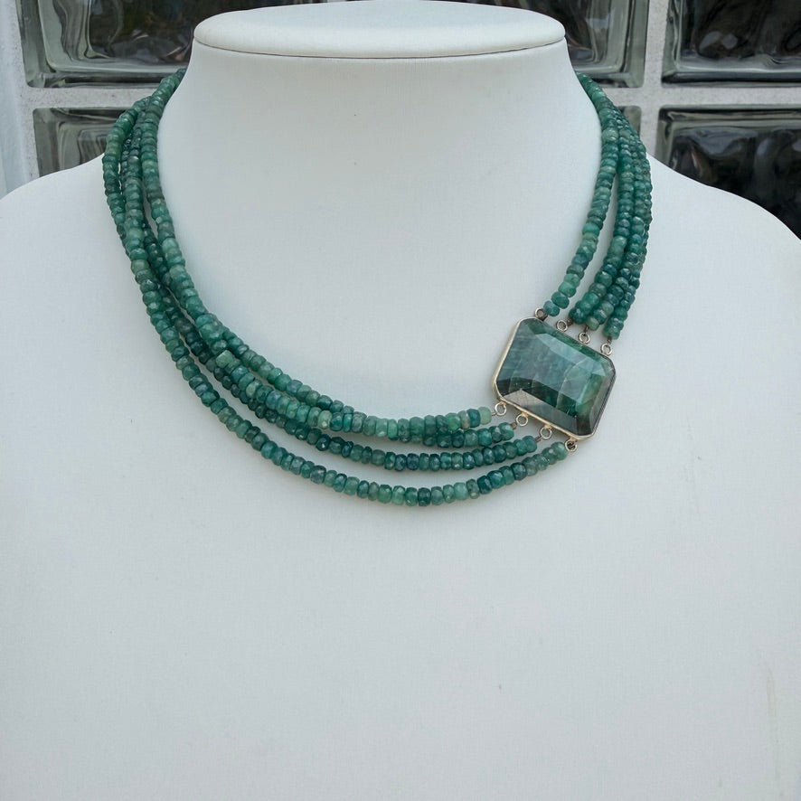Vintage. Emerald Green Agate Cabochon. Set in Sterling Silver With A Gold Finish. Four strands of green agate.