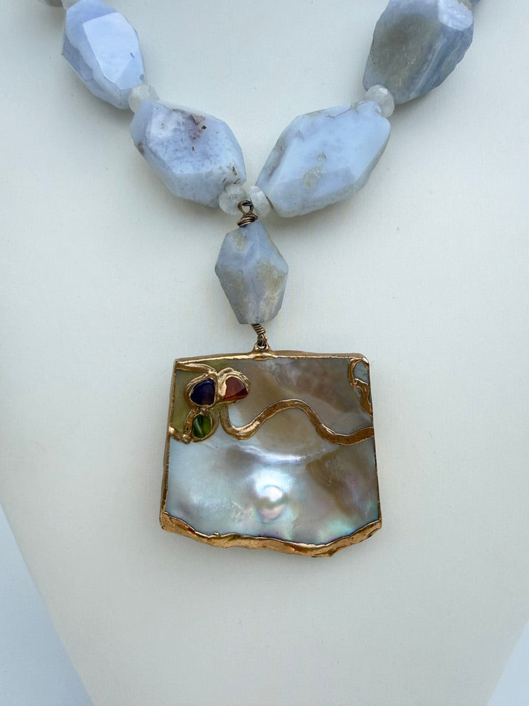 Blue Lace Agate Nugget Necklace. Shell Pendant Necklace Nucleated Pearl.