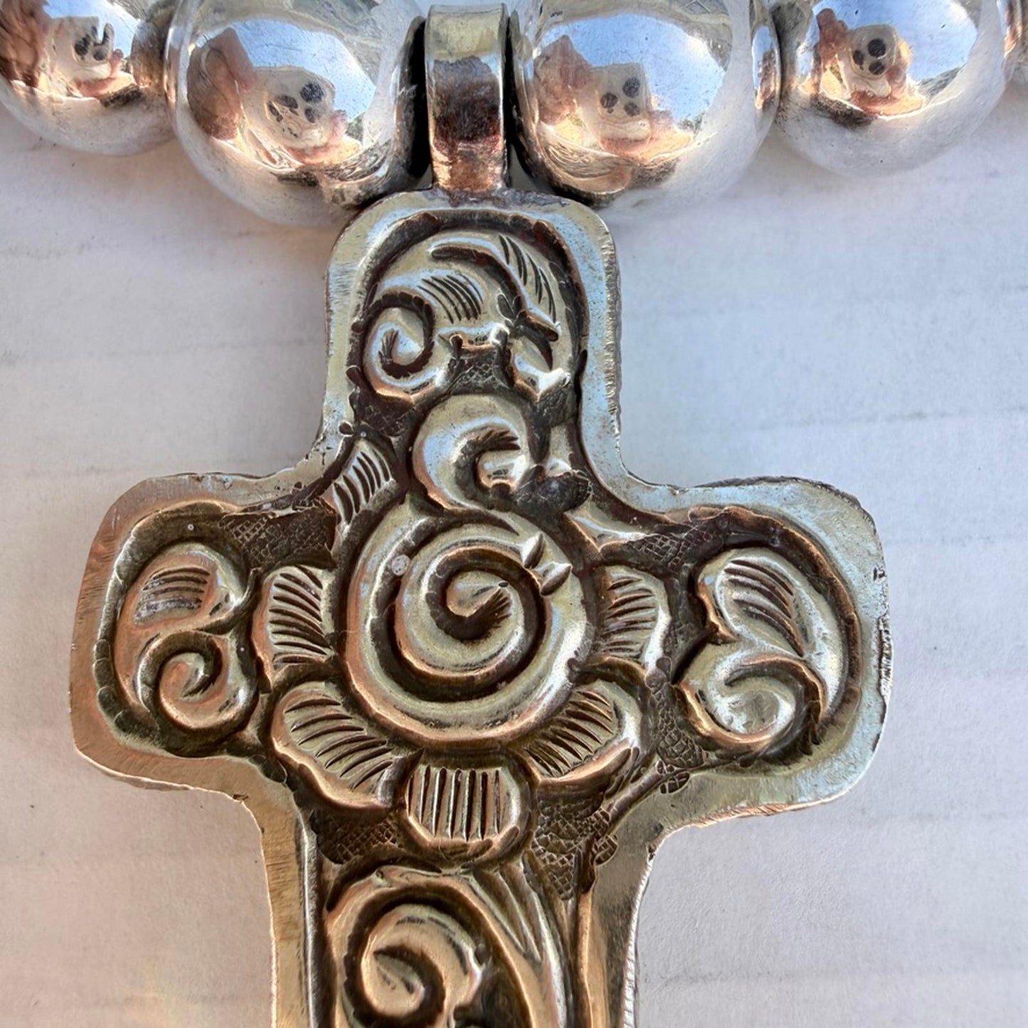 Graduated Silver Navajo Pearl Necklace. Bone Cross Pendant Southwestern Jewelry.