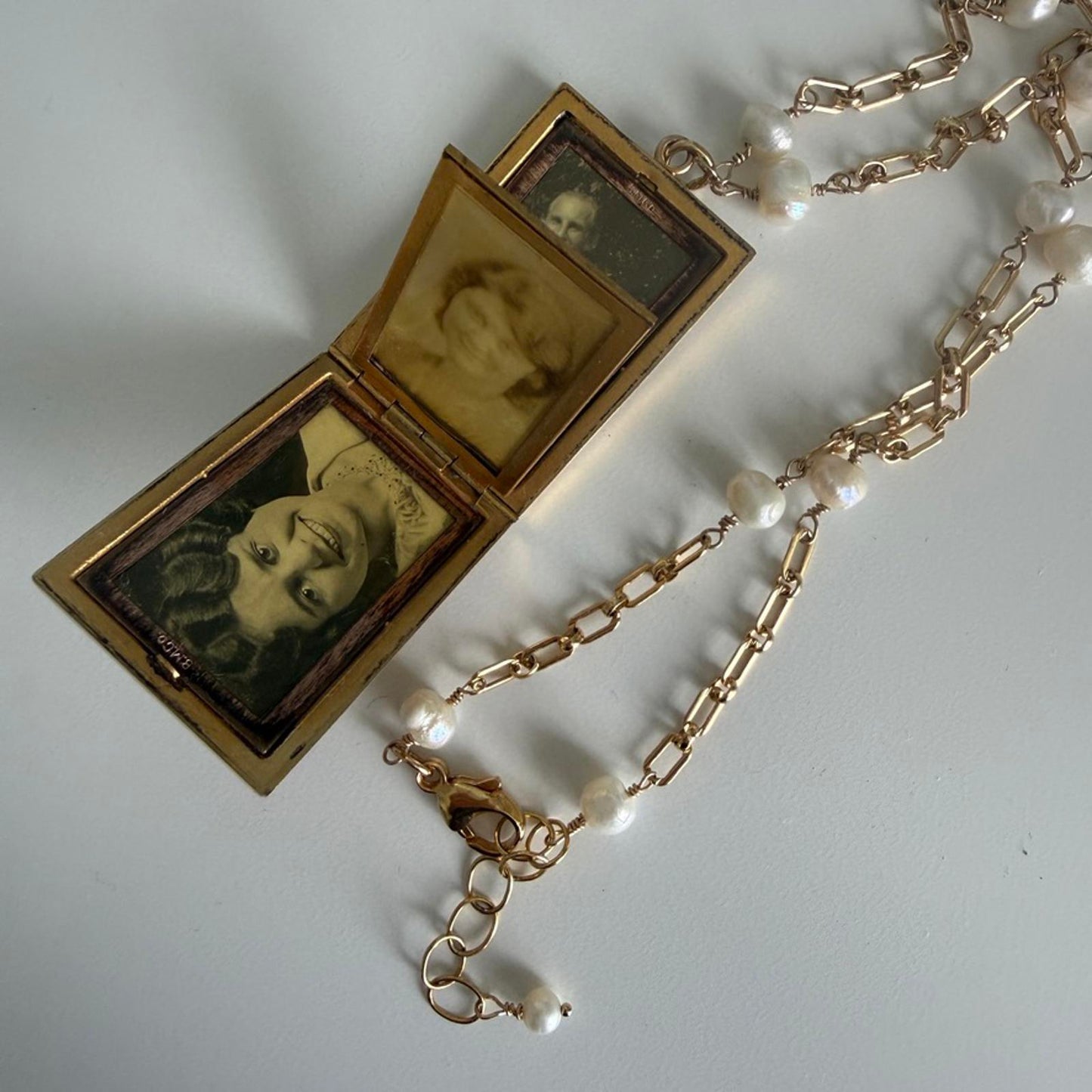 Antique Art Deco Four Photo Gold Fill Locket Necklace with Pearl Chains.