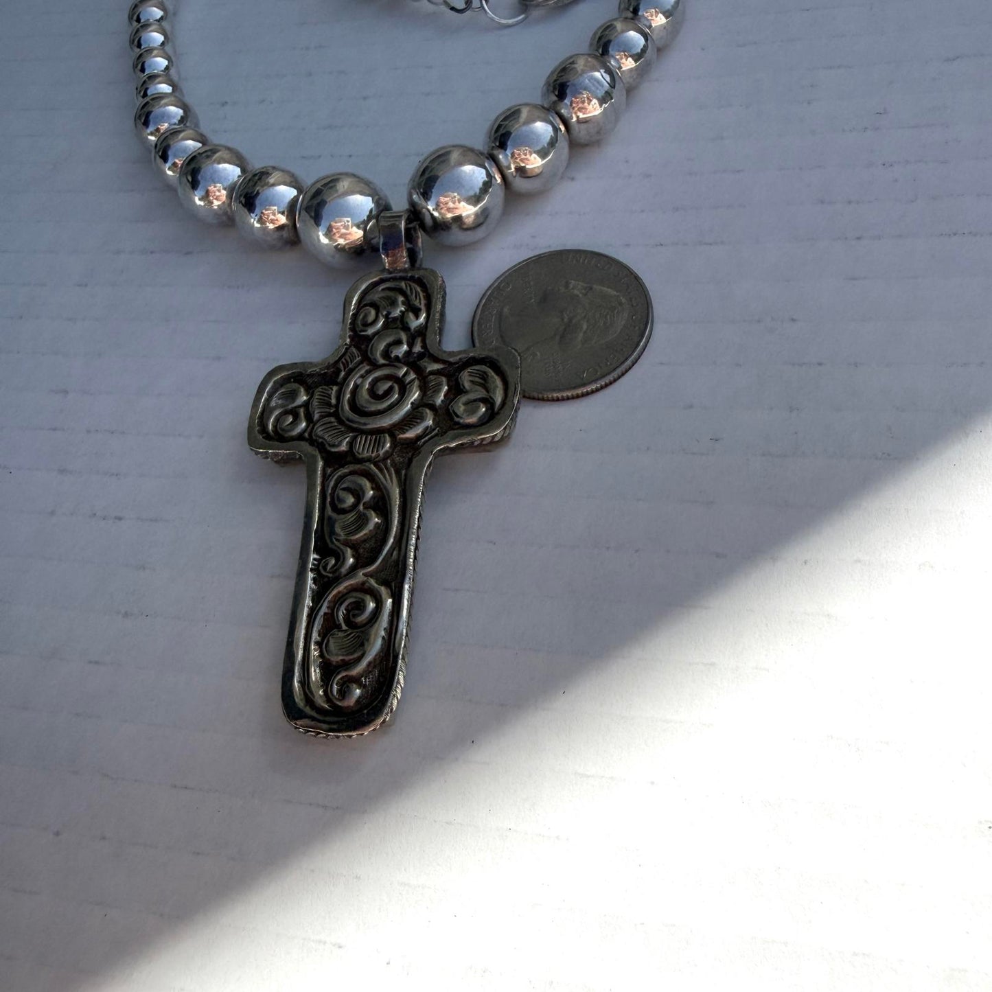 Graduated Silver Navajo Pearl Necklace. Bone Cross Pendant Southwestern Jewelry.
