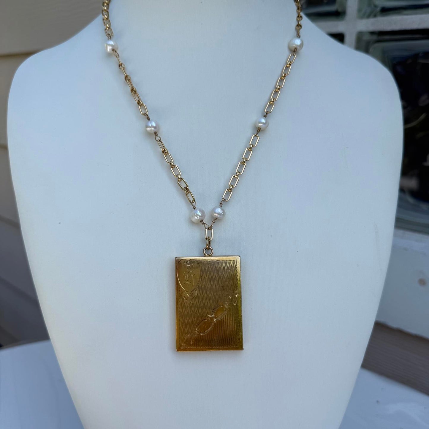 Antique Art Deco Four Photo Gold Fill Locket Necklace with Pearl Chains.