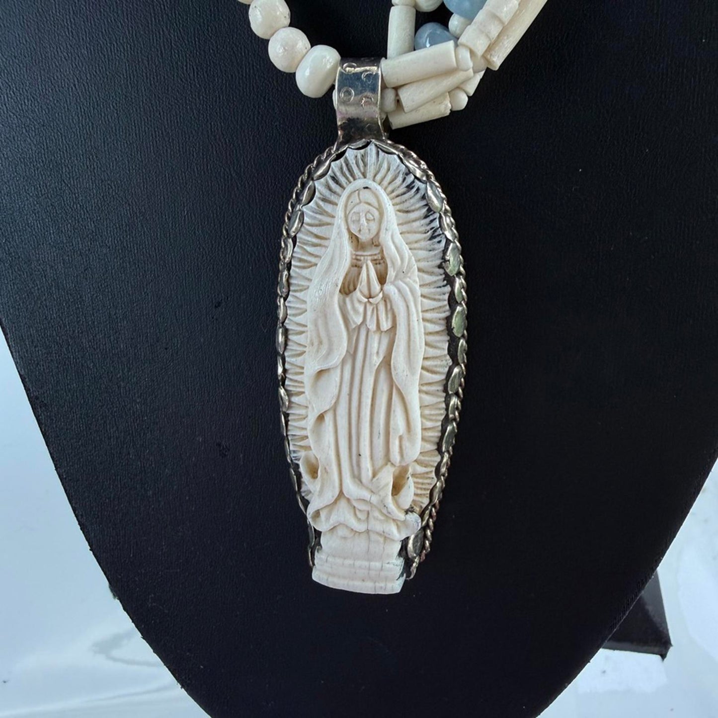 Virgin Mary Carved Bone Pendant on Vintage Multi-Strand Bone Necklace
