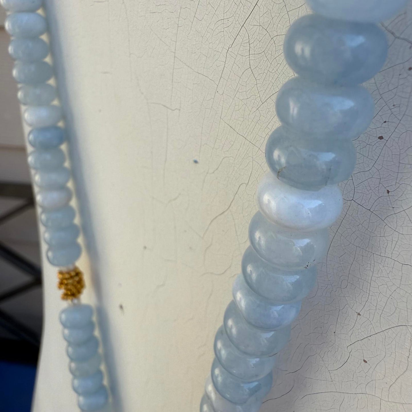 Art Deco French Gilded Crucifix. Aquamarine Freshwater Pearl Necklace.