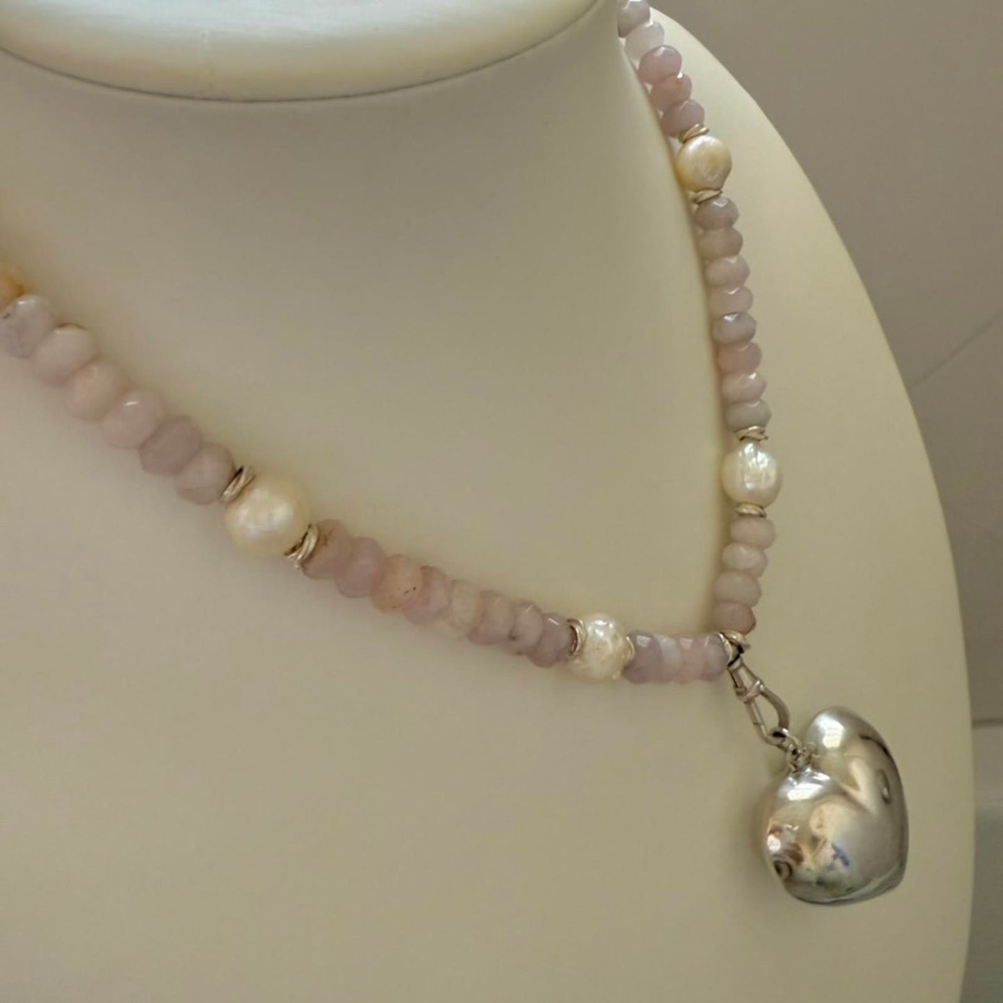 Vintage Sterling Silver Puffy Heart Necklace with Rose Quartz & Baroque Pearls.