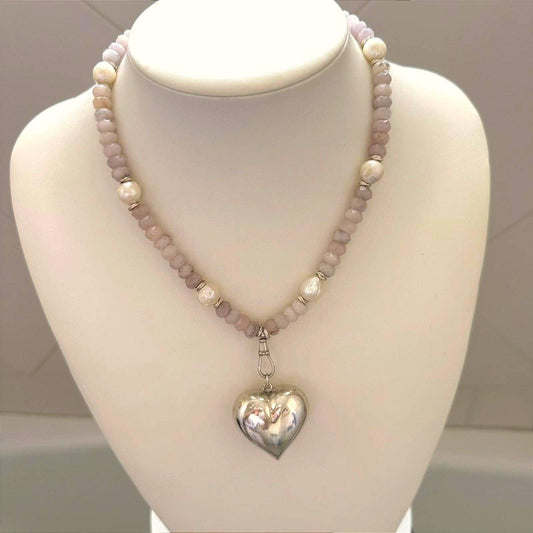 Vintage Sterling Silver Puffy Heart Necklace with Rose Quartz & Baroque Pearls.