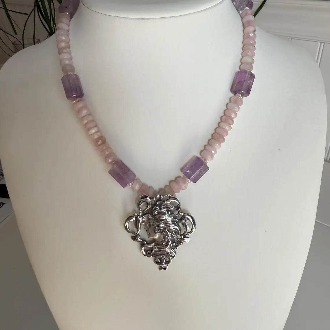 Vintage Art Nouveau Pendant Necklace. Sterling Silver Amethyst Rose Quartz Freshwater Pearls Necklace.