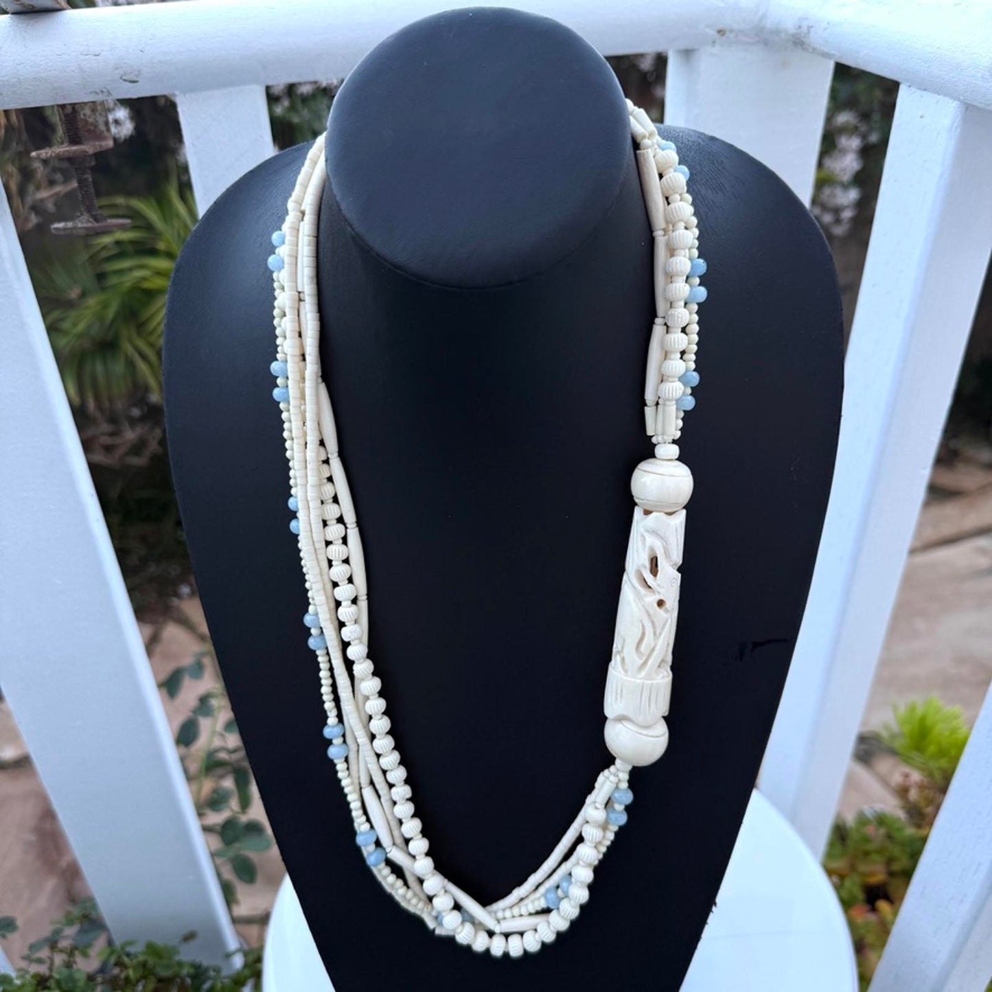 Virgin Mary Carved Bone Pendant on Vintage Multi-Strand Bone Necklace