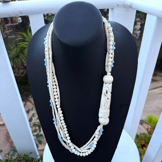 Virgin Mary Carved Bone Pendant on Vintage Multi-Strand Bone Necklace