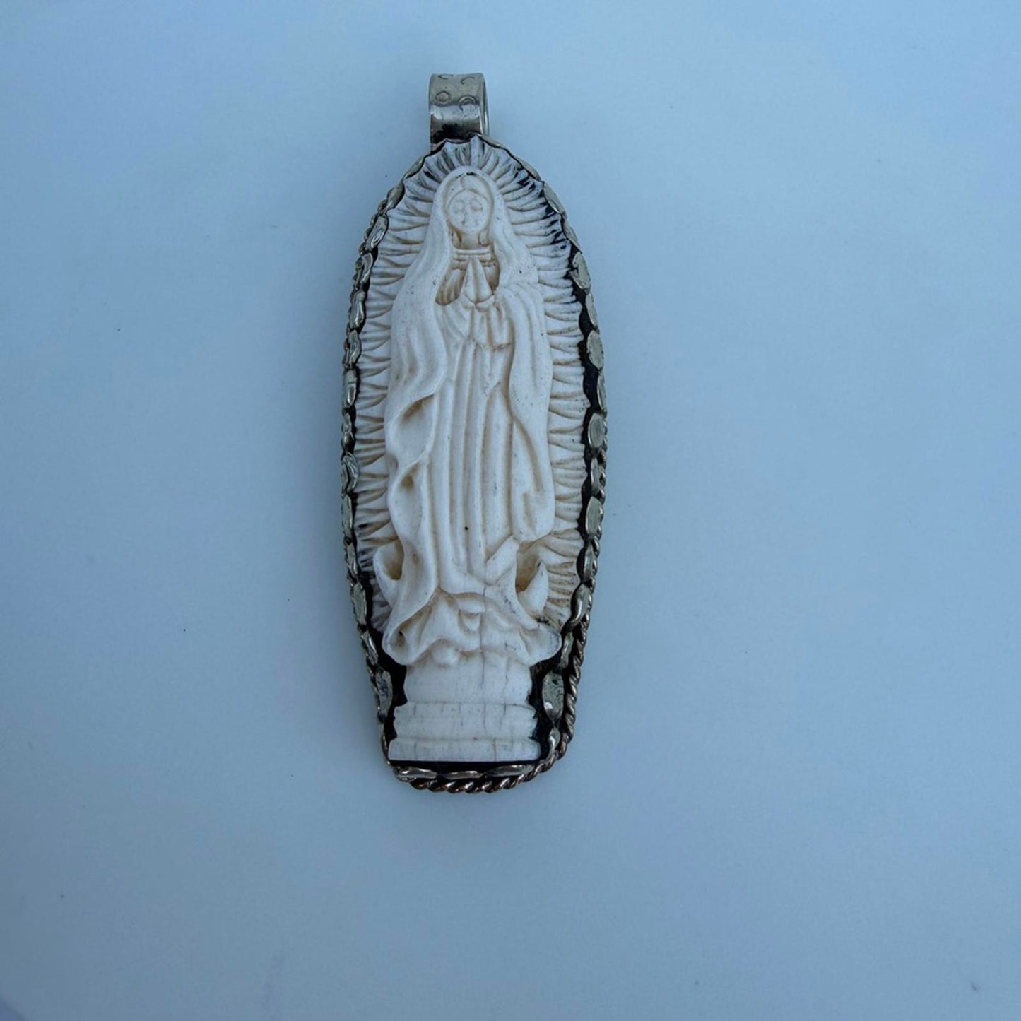 Virgin Mary Carved Bone Pendant on Vintage Multi-Strand Bone Necklace