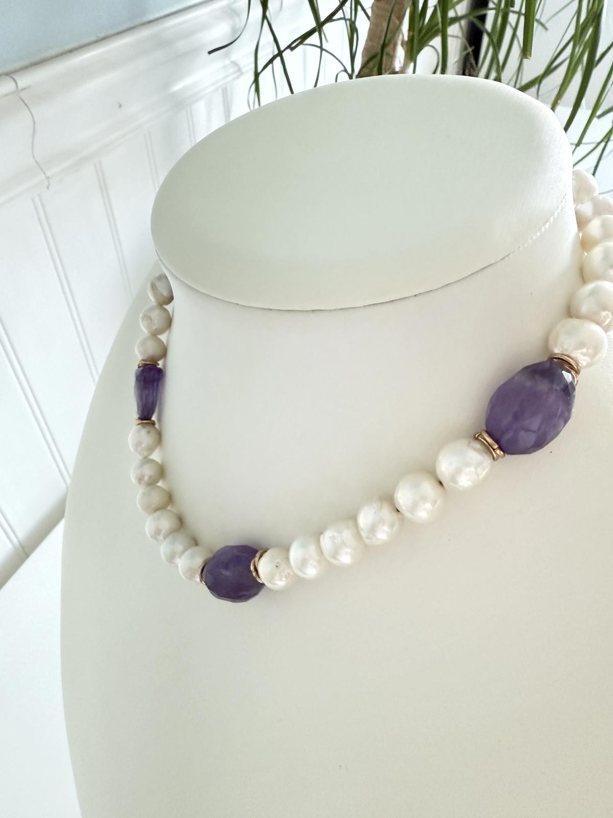 Amethyst Baroque Pearl Necklace with Gold-Tone Accents. Handmade.