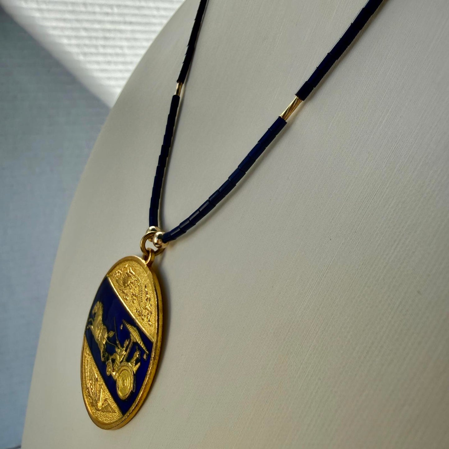 Vintage Chinese Blue Cloisonne Medallion Pendant  Blue Necklace.