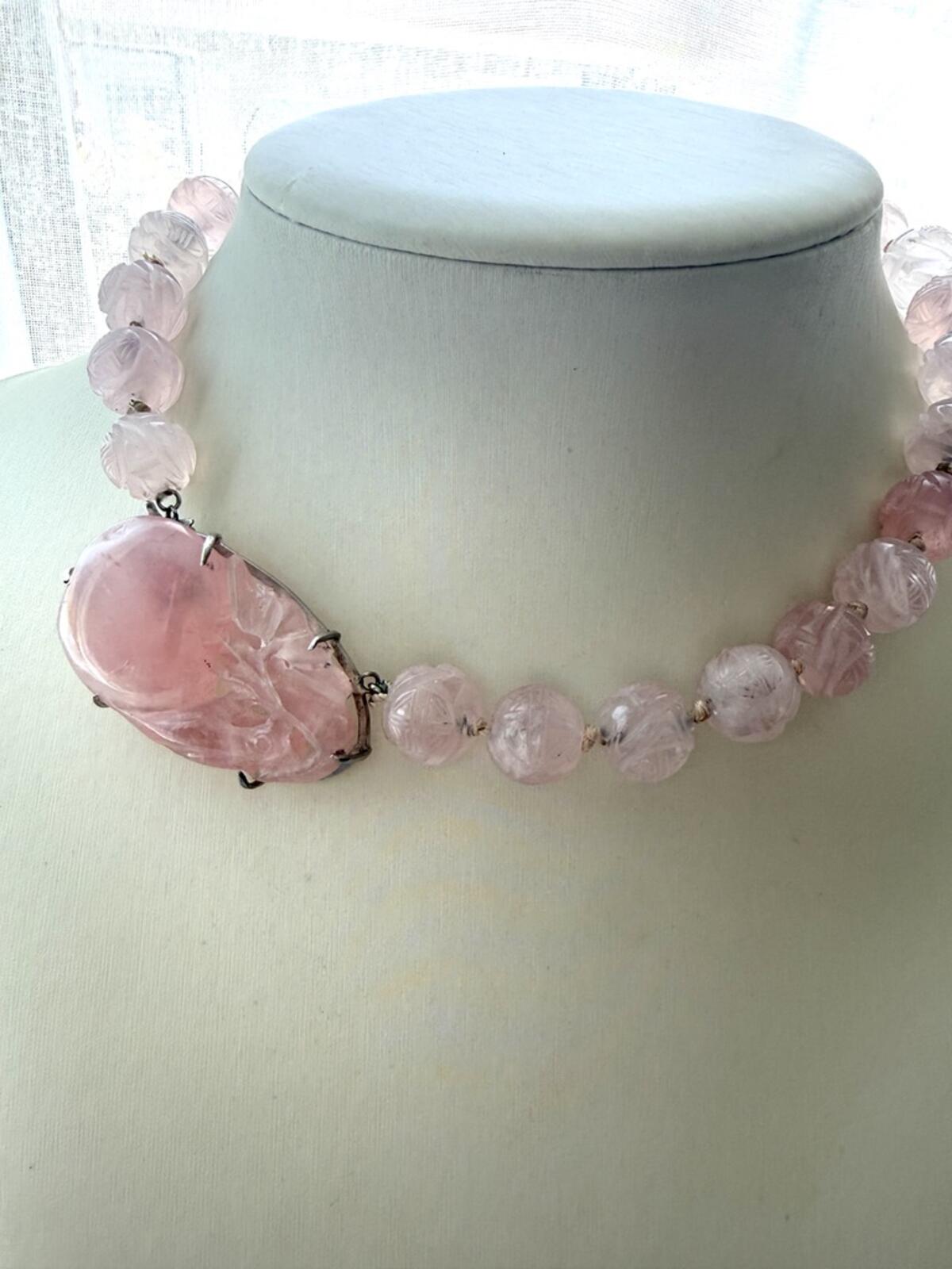 Vintage Rose Quartz Necklace. Vintage Hand Carved Beads.
