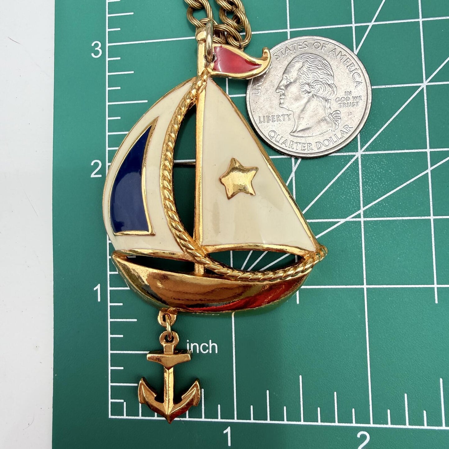 Vintage Avon Signed. Patriotic Sail Boat with Anchor Pendant.