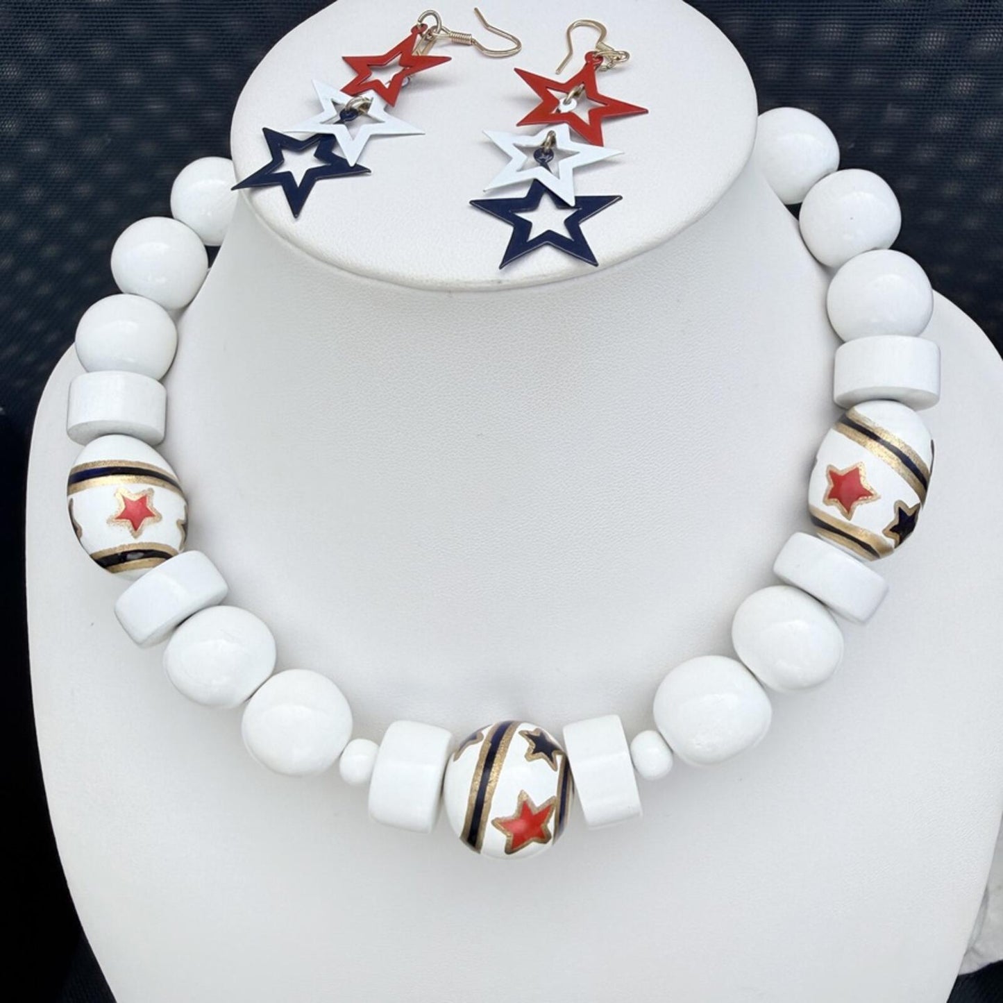 Handmade Patriotic Wood Bead Necklace July 4th Red White Blue Statement Necklace