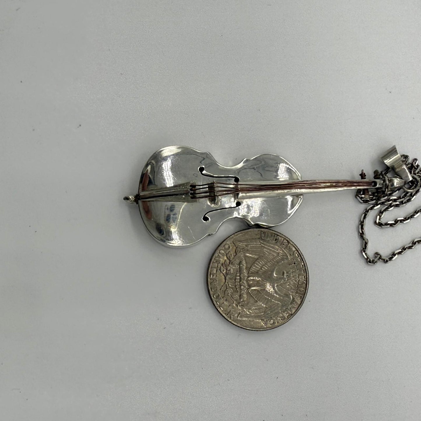 Vintage Sterling Silver Violin Pendant On Sterling Silver chain Necklace.
