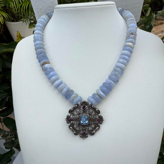 Statement Blue Lace Agate Necklace. Vintage Converted Pendant | Handmade Jewelry