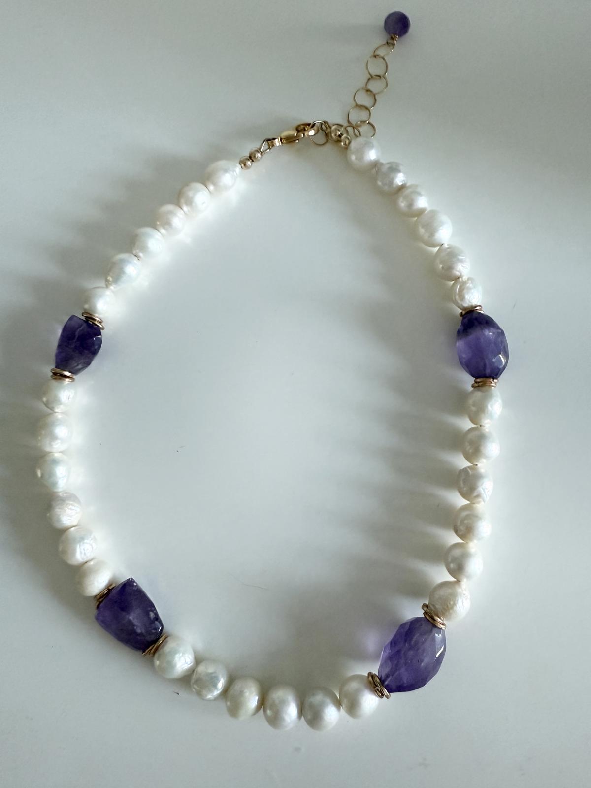 Amethyst Baroque Pearl Necklace with Gold-Tone Accents. Handmade.