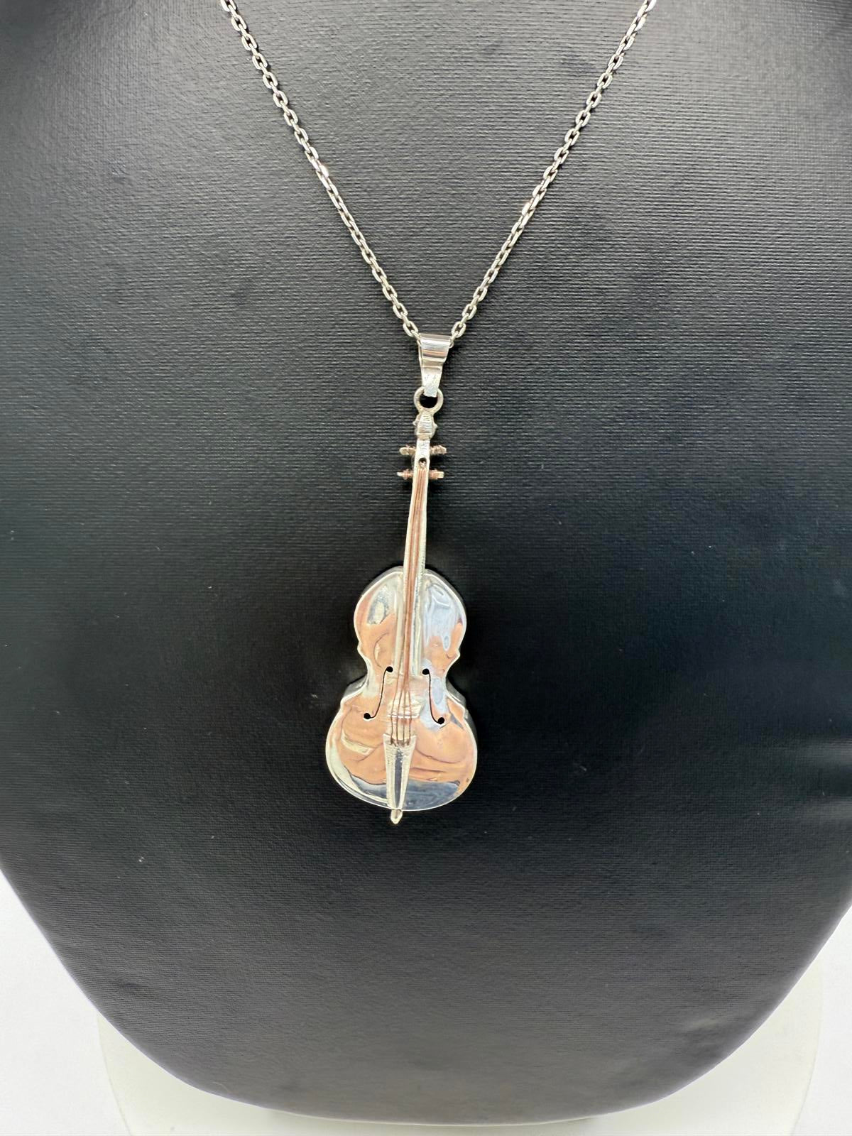 Vintage Sterling Silver Violin Pendant On Sterling Silver chain Necklace.