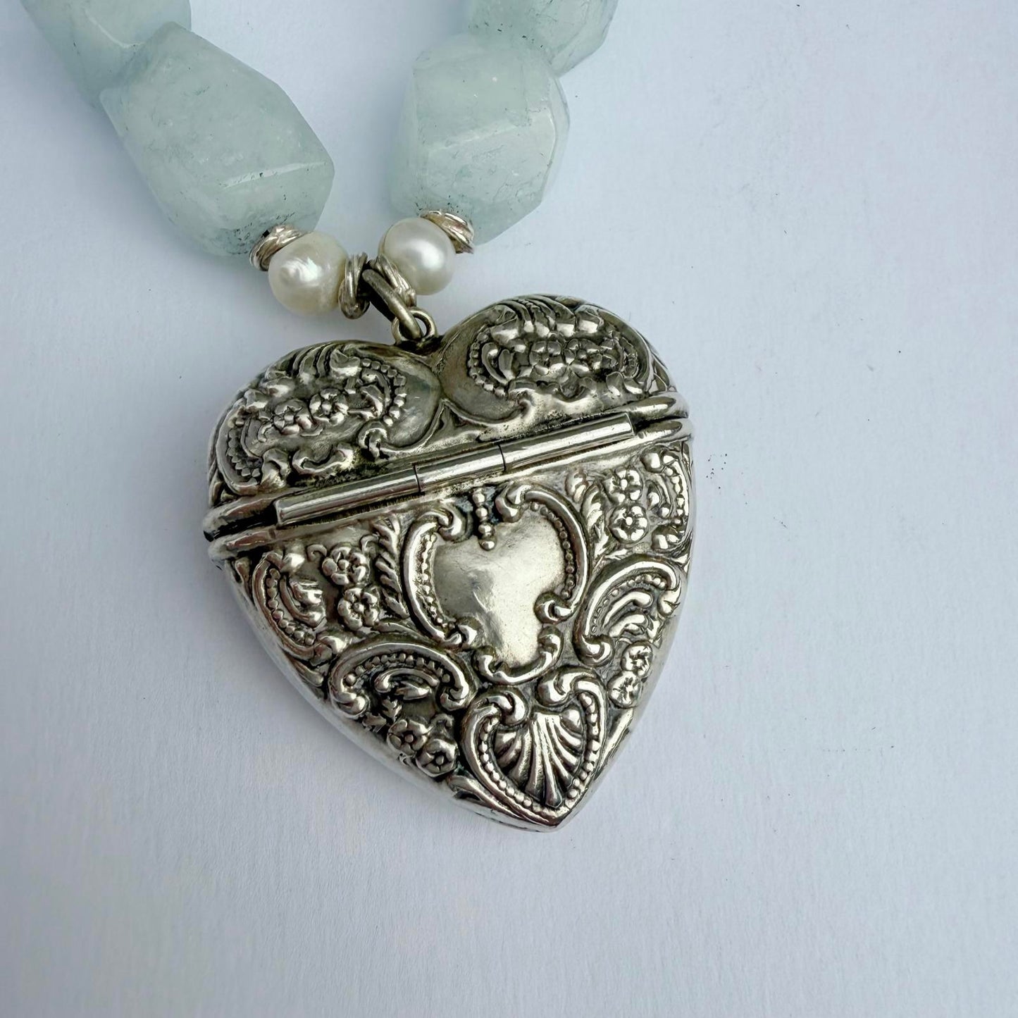 Vintage Sterling Silver Heart Locket Necklace. Aquamarine  Ruby Pearl Necklace.